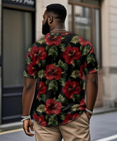 Men's Plus Size Hawaiian Red Floral Print Henry Collar Button Short Sleeve Tee